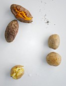 Various types of oven-baked potatoes (seen from above)