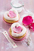 Pistachio and rose cupcakes decorated with hearts