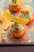 Sweetcorn and pepper cupcakes with a guacamole topping