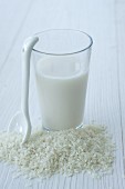 Rice milk in a glass and rice