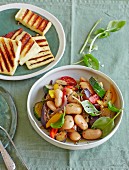Giant bean salad with vegetables and grilled halloumi cheese