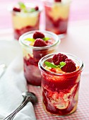 Vanilla ice cream with raspberries and mint in glasses