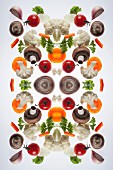 A digital composition of mirrored images of mixed vegetables