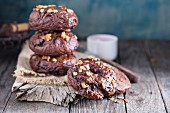 Homemade chocolate bagels on a rustic wooden surface