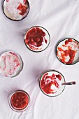 Yoghurt deserts with a berry and rhubarb sauce