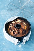 A Bundt cake in a baking tin