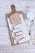 Gluten-free banana and chocolate bars with quinoa and coconuts