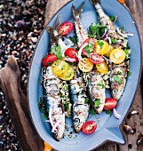Stuffed sardines with rice, almonds and feta cheese