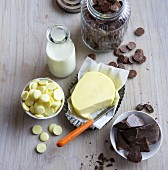 Various types of cooking chocolate, butter and milk