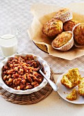 Baked beans, corn muffins and a glass of milk