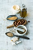 Spices, fats, yeast, nuts and seeds for baking bread