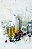 Ingredients for focaccia with grapes, yeast and olive oil