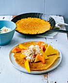 Gluten-free pancakes with exotic fruits and apple cream cheese