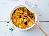 Red lentils with vegetables and sheep's cheese