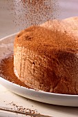 A cake being dusted with cocoa powder