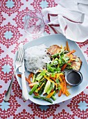 Salmon with rice noodles and vegetables (Asia)