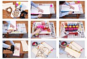 Instructions for making wooden shelved with colourful, painted wooden beads and boards threaded on rope
