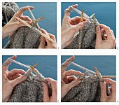 A cableknit pattern being knitted with wooden knitting needles using mixed yarn