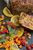 Juicy fruit bread with kiwis, cranberries, oranges, nuts and figs (sliced)