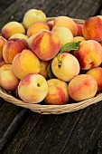 A close-up of peaches in a basket