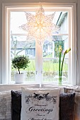 Winterlich dekoriertes Fenster mit Papierstern und Pflanzen