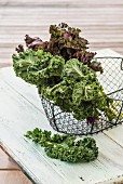 Green and purple kale leaves in a wire basket