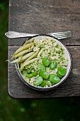 Millet with basil pesto, broad beans and wax beans