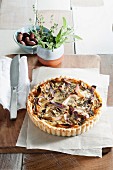 Red onion quiche with mushrooms and date honey