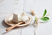 Ricotta on a plate with a wooden spoon