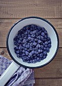 Blueberries in a white enamel saucepan