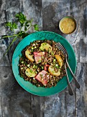 Lentil salad with bacon and potatoes