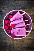 Raspberry ice cream sticks with chia seeds (seen from above)