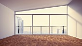 Leeres Apartmentzimmer mit angeschrägter Decke & Fensterfront mit Stadtblick