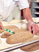 Bäcker beim Einschneiden von Brotlaiben