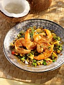 Fried prawns with vegetables and coconut