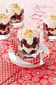 Mini trifles with cherries and flaked almonds for Christmas