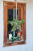 A Christmas window star made of conifer sprigs and clematis fruits hung by a rustic wooden in candle light