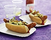 Hot dogs with onions and cucumber relish