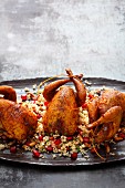 Spiced quails on a bed of pomegranate and pine nut couscous