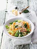 Pointed cabbage pasta with carrots and purslane pesto