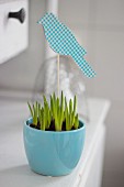 Bird hand-crafted from coloured paper and corrugated cardboard decorating blue pot of spring bulbs