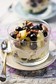 Crunchy nut pudding with blueberries and apple