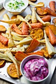 Roasted root vegetables with dips
