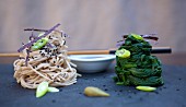 Buckwheat noodles with spinach and a shoyu mirin dip (Japan)