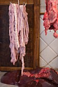 Fresh intestines and liver in a butcher's