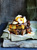 Bread and butter pudding with banana and butterscotch