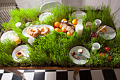 Mit Gras bepflanzter und gedeckter Frühstückstisch