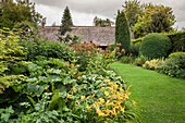 Day lilies and foliage plants next to lawn in summer garden with overcast sky