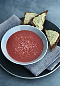 Beetroot and coconut soup with cream cheese crostini