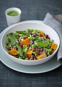 Rice and vegetable salad with pomegranate seeds and a wasabi sauce